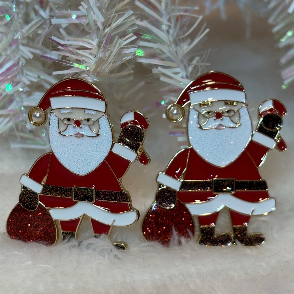 Holiday Santa Enamel Dangle Earrings Red Glitter Christmas Jewelry - Picture 1 of 3